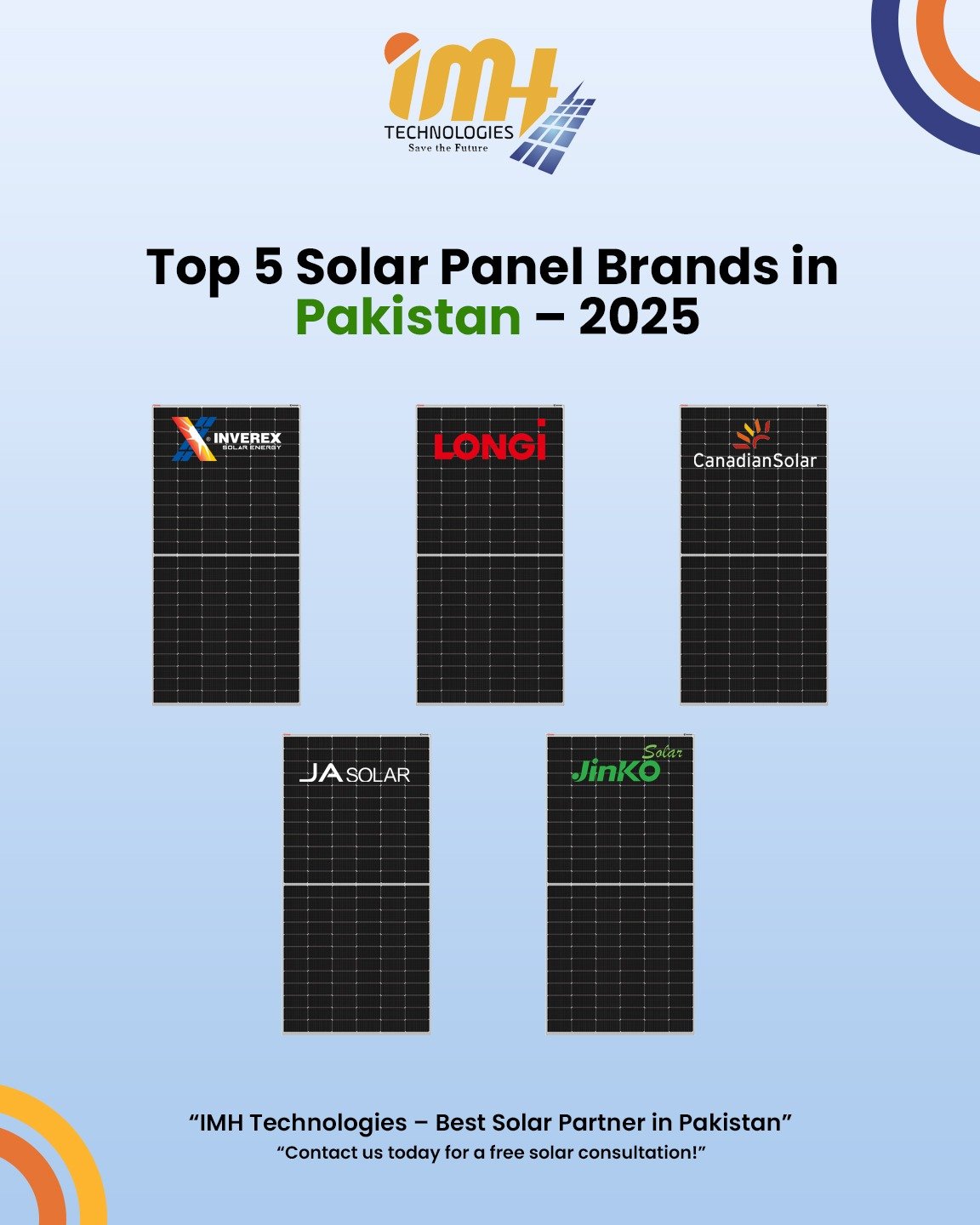 op 5 solar panel brands in Pakistan 2025 including Inverex, Longi, Canadian Solar, JA Solar, and Jinko Solar by IMH Technologies