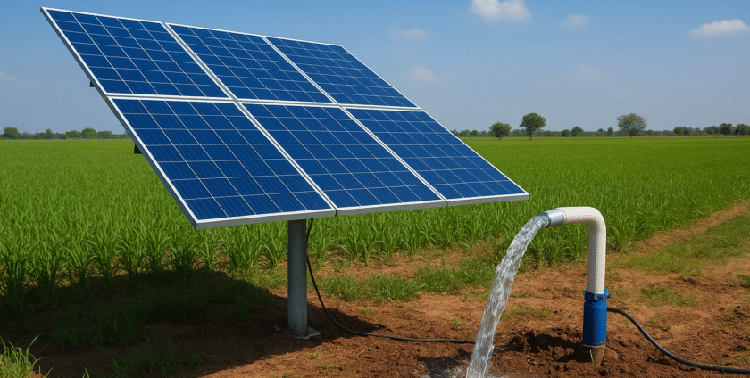 A solar-powered tube well operating in a green agricultural field in Pakistan, showing solar panels and flowing irrigation water.