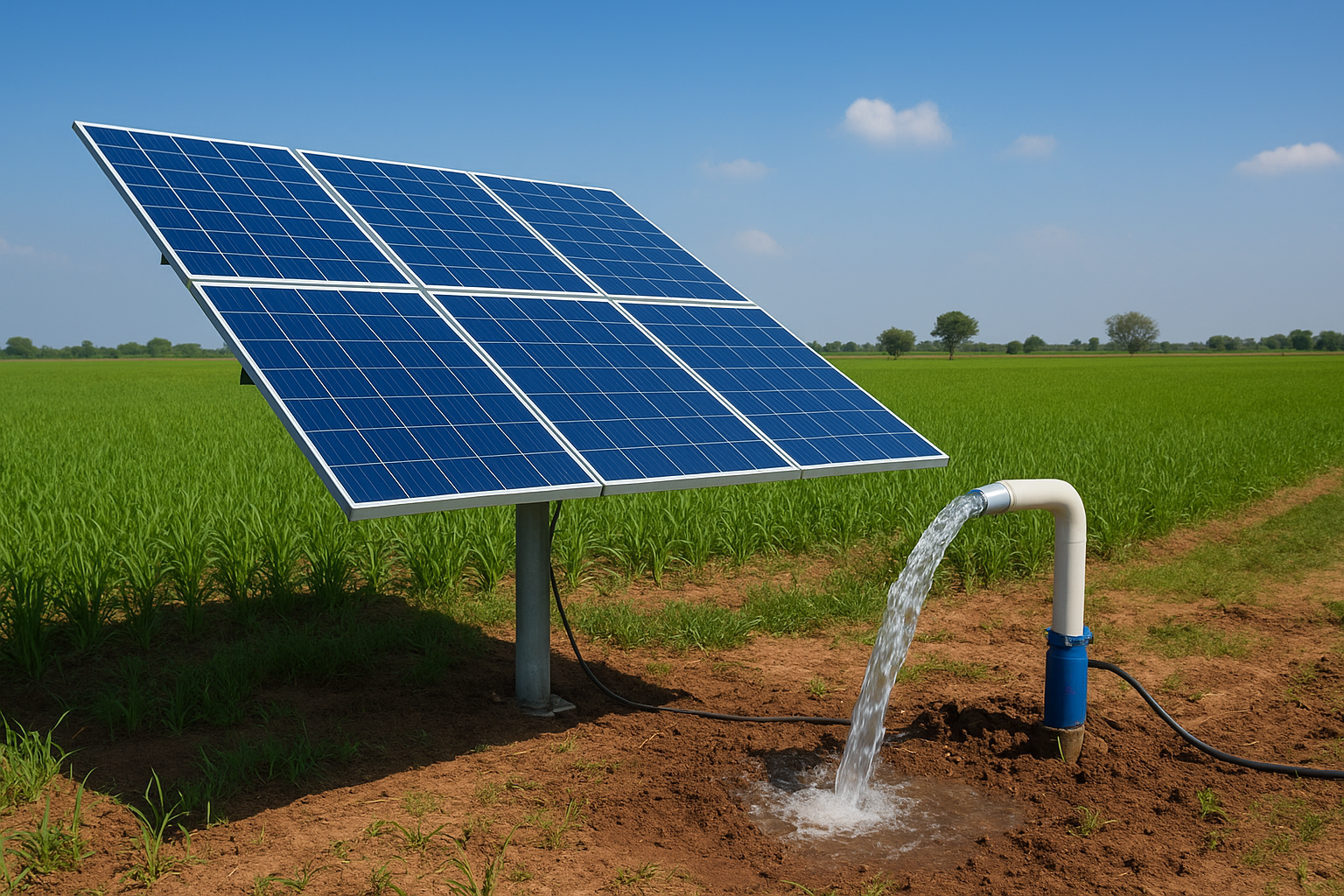 A solar-powered tube well operating in a green agricultural field in Pakistan, showing solar panels and flowing irrigation water.