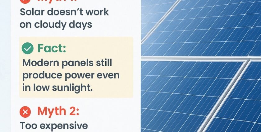 Illustration showing a solar panel and sun with the title “Top Myths About Solar Panels in Pakistan — Busted!” on a blue background, representing facts vs. misconceptions about solar energy.