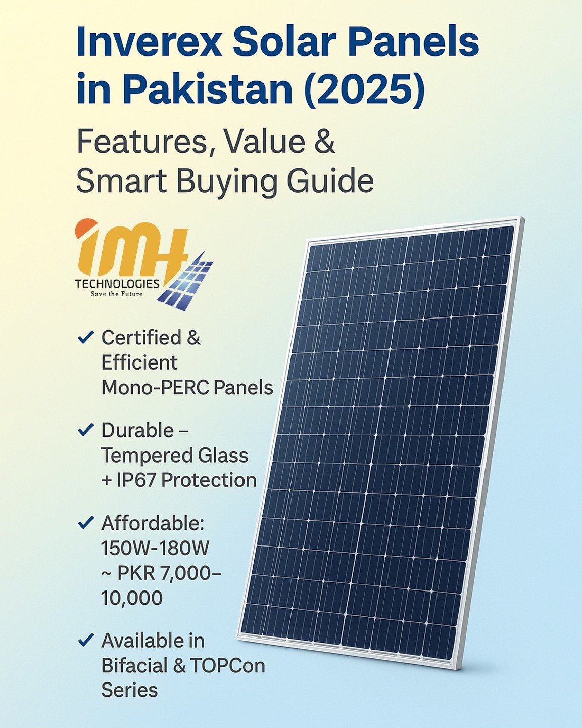 Light blue background featuring an Inverex solar panel with 60 photovoltaic cells, highlighting Inverex Solar Panels in Pakistan (2025) guide text.