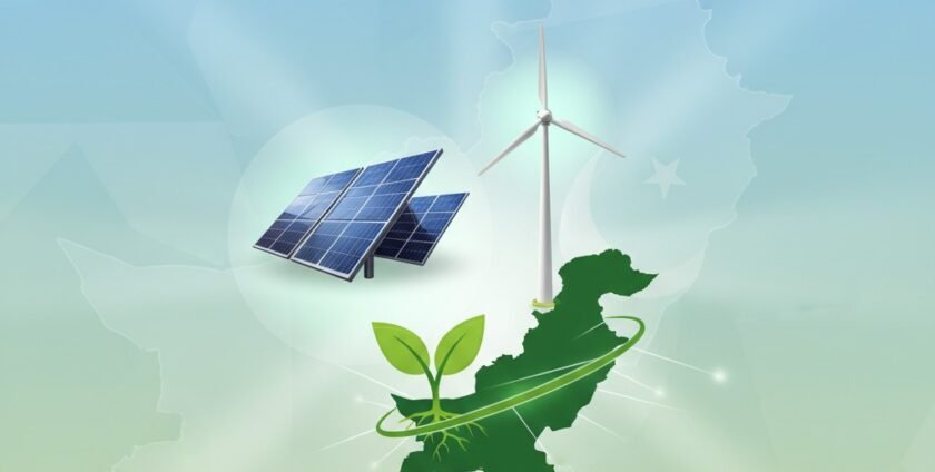 Solar panels and wind turbines in Pakistan representing renewable energy growth.