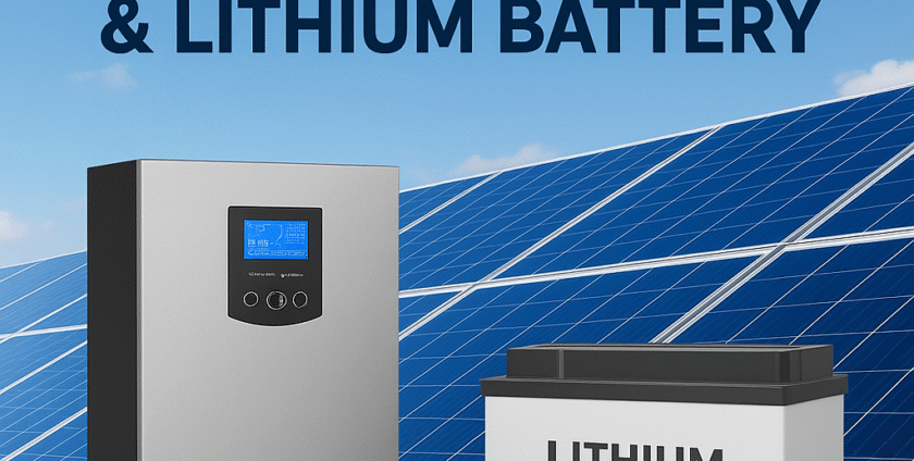 Pakistan No.1 solar inverter and lithium battery by IMH Technologies placed beside solar panels.