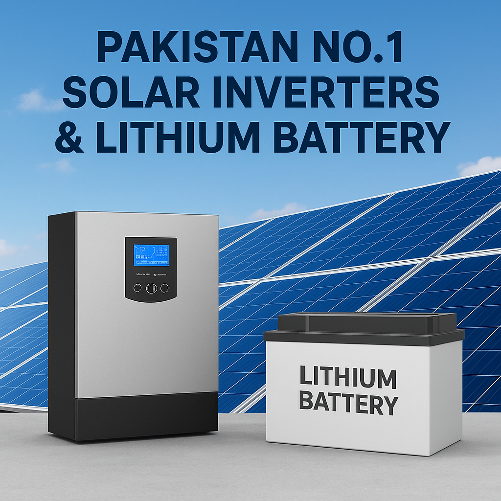 Pakistan No.1 solar inverter and lithium battery by IMH Technologies placed beside solar panels.