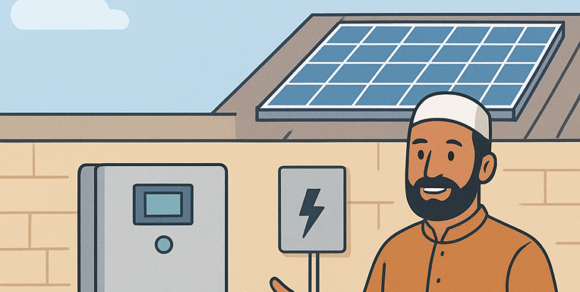 Illustration showing a Pakistani technician explaining hybrid inverter installation with solar panels in the background, titled "Complete Guide to Installing a Hybrid Inverter in Pakistan (2025)."