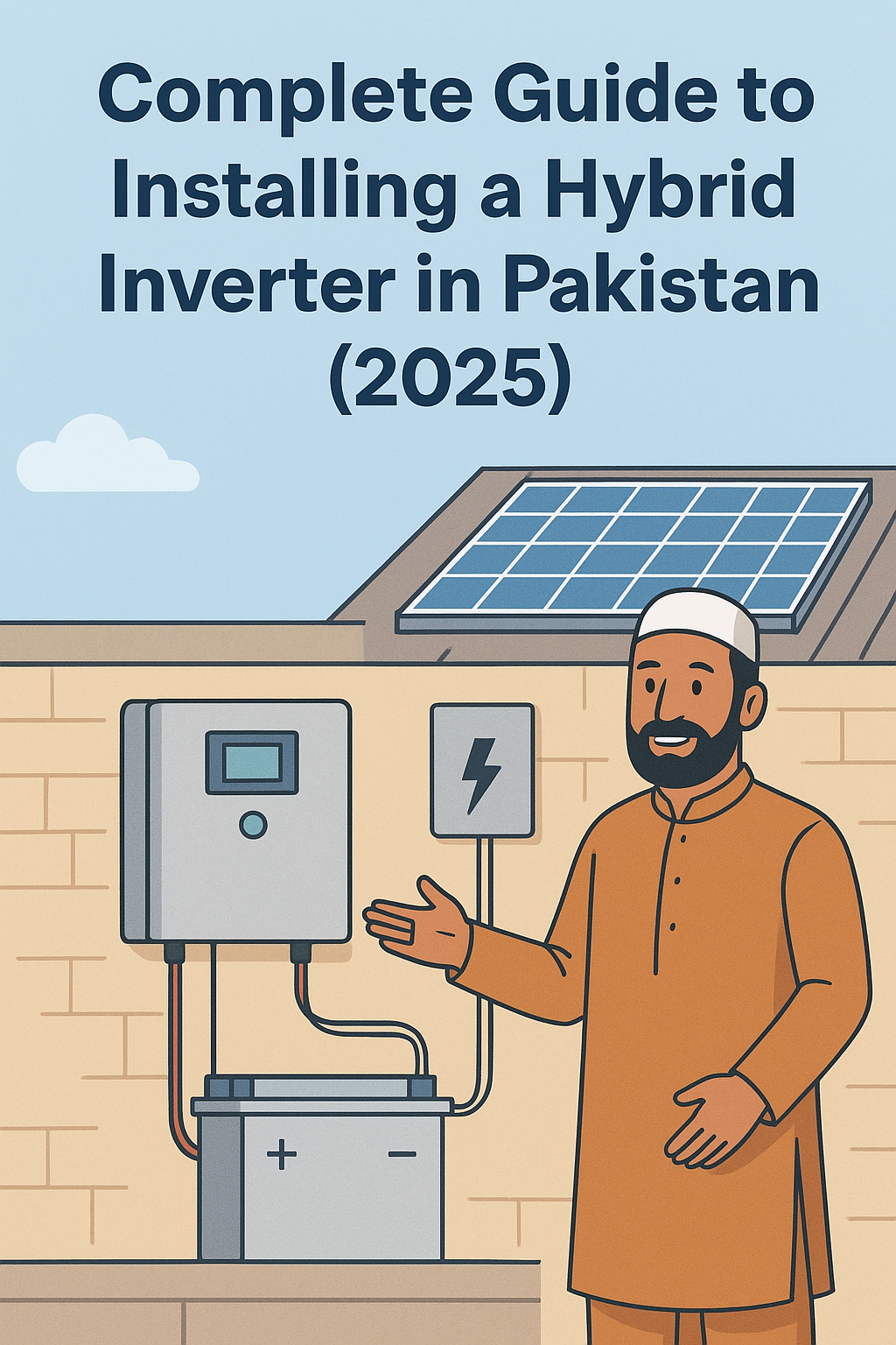 Illustration showing a Pakistani technician explaining hybrid inverter installation with solar panels in the background, titled 