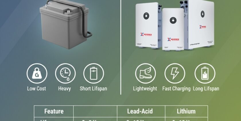 Comparison of Lithium and Lead-Acid solar batteries showing weight, lifespan, charging speed, and maintenance differences, by IMH Technologies.