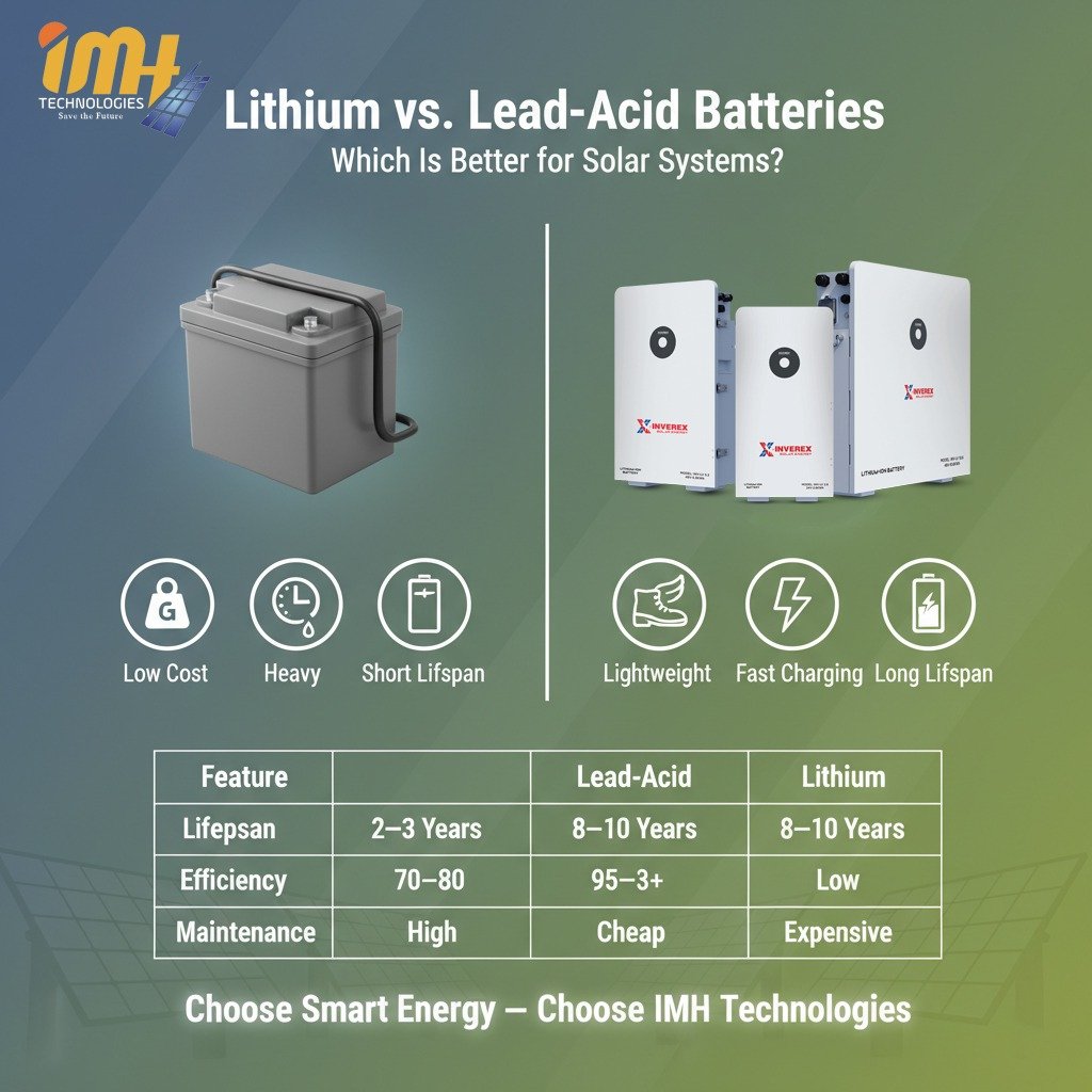 Comparison of Lithium and Lead-Acid solar batteries showing weight, lifespan, charging speed, and maintenance differences, by IMH Technologies.