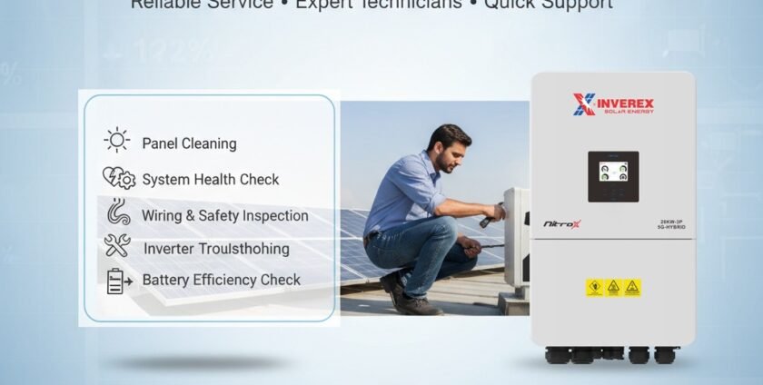 Technicians cleaning solar panels on a rooftop in Faisalabad to improve solar efficiency and system performance.