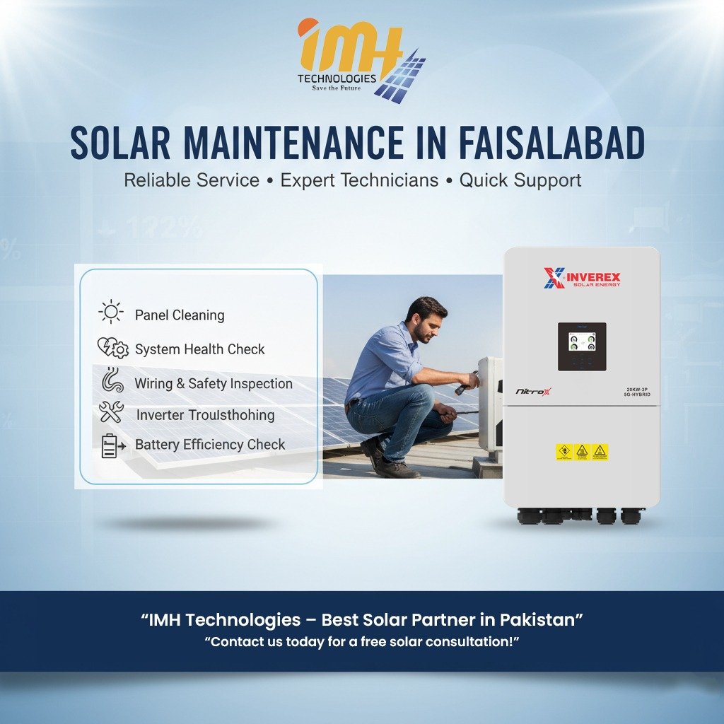 Technicians cleaning solar panels on a rooftop in Faisalabad to improve solar efficiency and system performance.