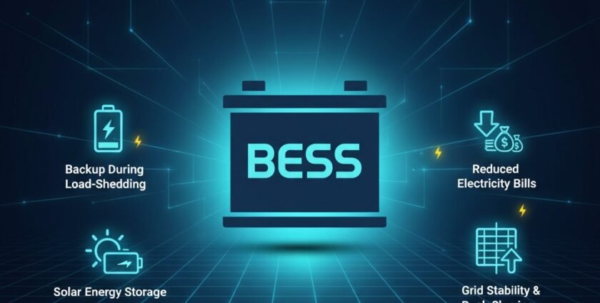 Battery Energy Storage System used with solar panels for energy backup and grid stability in Pakistan.