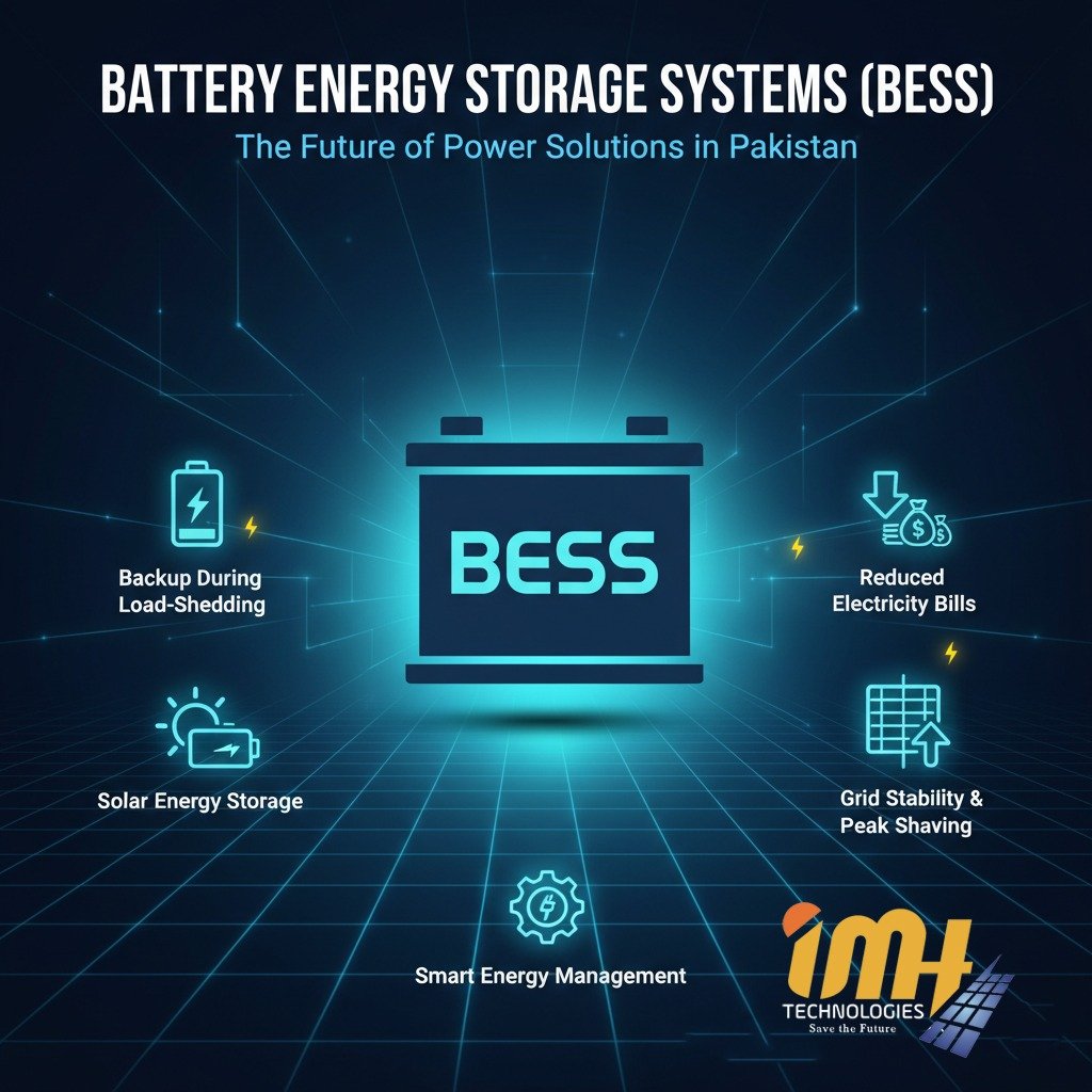 Battery Energy Storage System used with solar panels for energy backup and grid stability in Pakistan.