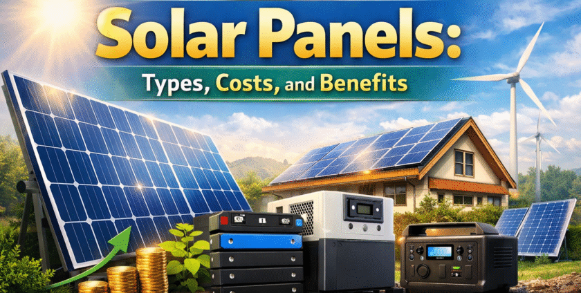 Feature image showing traditional and flexible solar panels installed on a rooftop, along with battery storage and renewable energy devices, highlighting the benefits, costs, and types of solar panels for sustainable energy solutions.