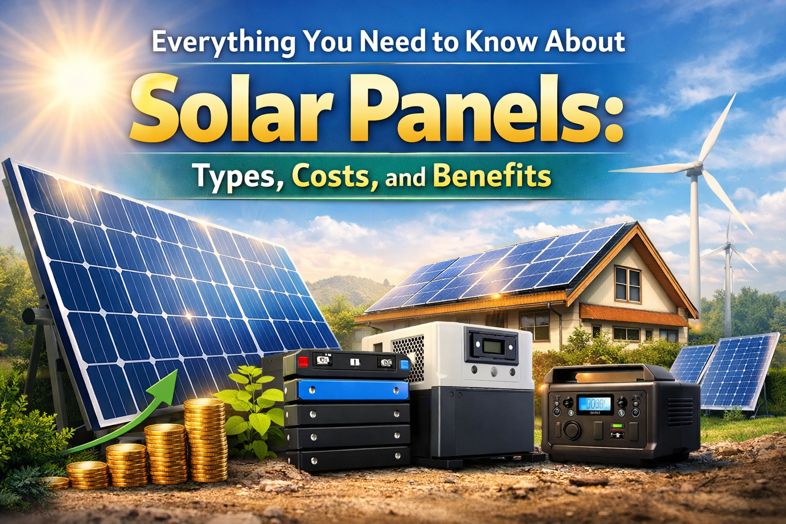 Feature image showing traditional and flexible solar panels installed on a rooftop, along with battery storage and renewable energy devices, highlighting the benefits, costs, and types of solar panels for sustainable energy solutions.